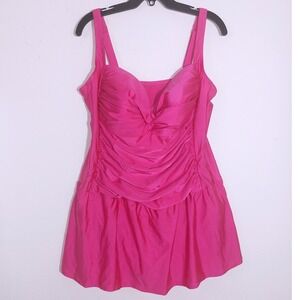 NWT Emerald Bay Women's Pink Ruched Swim Dress Tummy Control Ruffle Skirt Sz 22